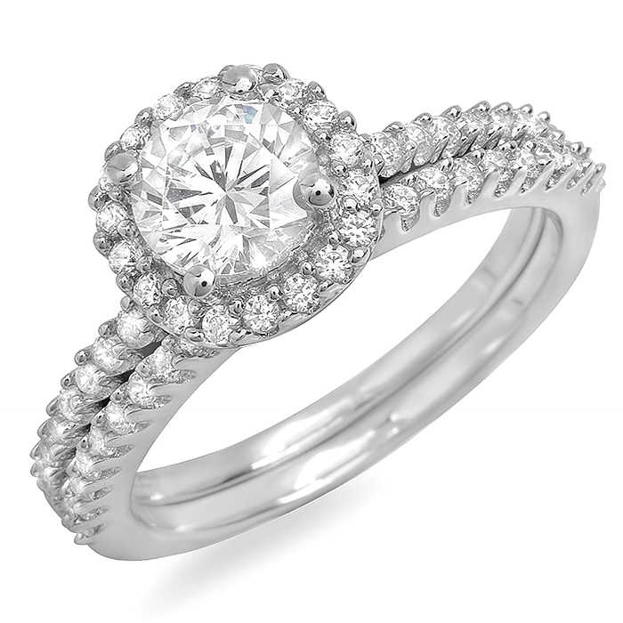 1.41 ctw Diamond Halo Bridal Set Rings on White Gold