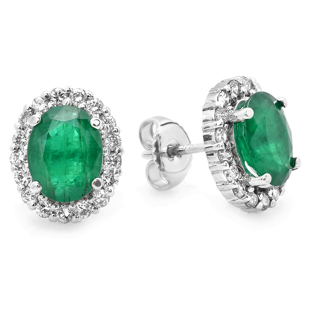 3.1ct Emerald and Diamond Stud Earrings on White Gold
