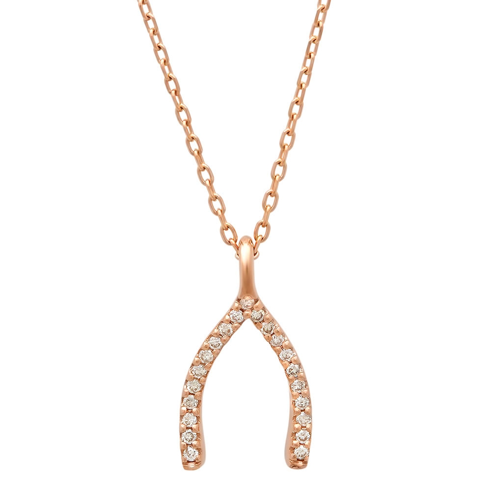 Diamond Wishbone Pendant Necklace on 14K Rose Gold