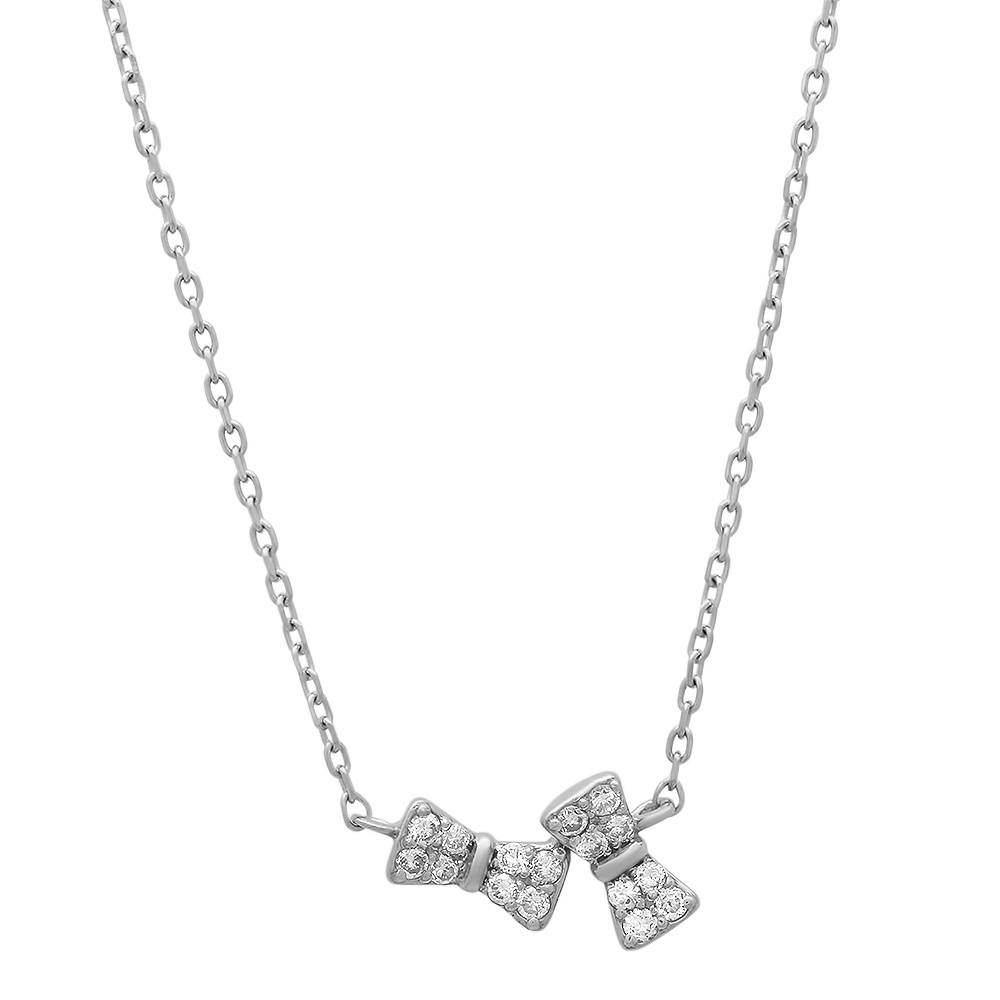 Tiny Twin Bow Diamond Necklace on 14K White Gold