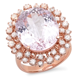 16.2ct Oval Cut Kunzite and Diamond Ring on 14K Rose Gold