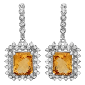11.5 ct Citrine & Diamond Drop Earrings on 14K White Gold