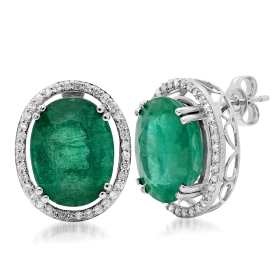 16.21 ct Green Emerald & Diamond Halo Earrings on 14K White Gold