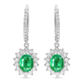 2.15 ct Green Emerald & Diamond Drop Earrings on White Gold