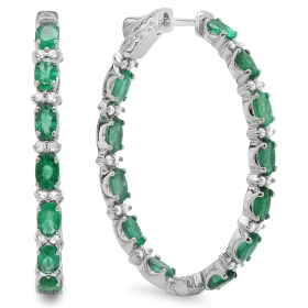 4.68 ct Emerald & Diamond Hoop Earrings on 14K White Gold